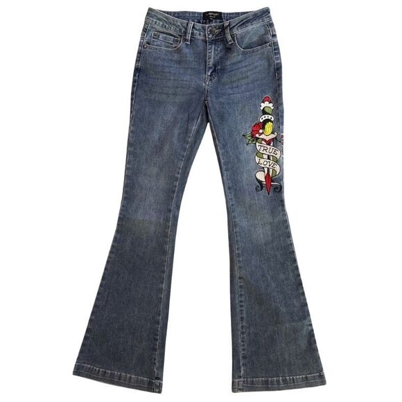 Ed Hardy Embroidered True Love Flare Jeans Womens 26 Love Eternal Spellout NEW - Picture 5 of 15